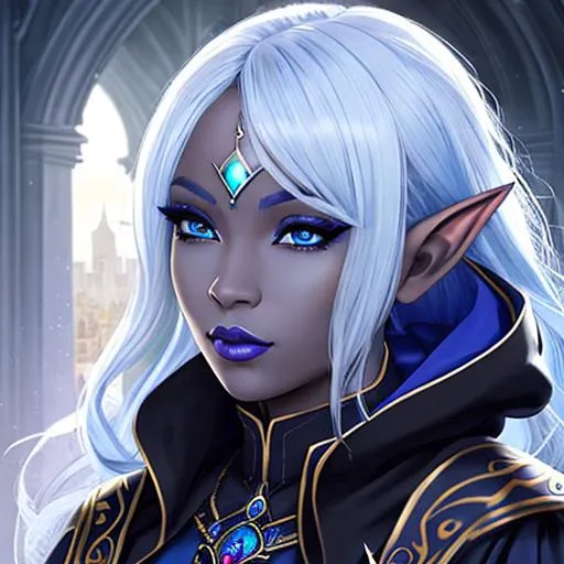 Prompt: half body portrait, female , elf, drow, dark elf, blue skin, ((blue skin:0.6)), blue pointed ears, detailed face, detailed eyes, full eyelashes, ultra detailed accessories, detailed interior, city background, ((wearing black robes:0.6)), caplet with hood, curly hair, short hair, bangs, dnd, artwork, dark fantasy, tavern interior, looking outside from a window, inspired by D&D, concept art, night time, looking away from viewer