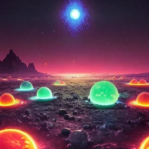 Prompt: Other planet with a acids rain at  night and bioluminescent dead life around with glowing dead orbs with fire inside that can kill you all