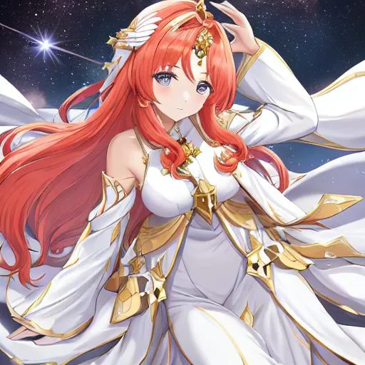 Prompt: Space goddess with flowy ginger hair, white silk dress, and gold headpiece