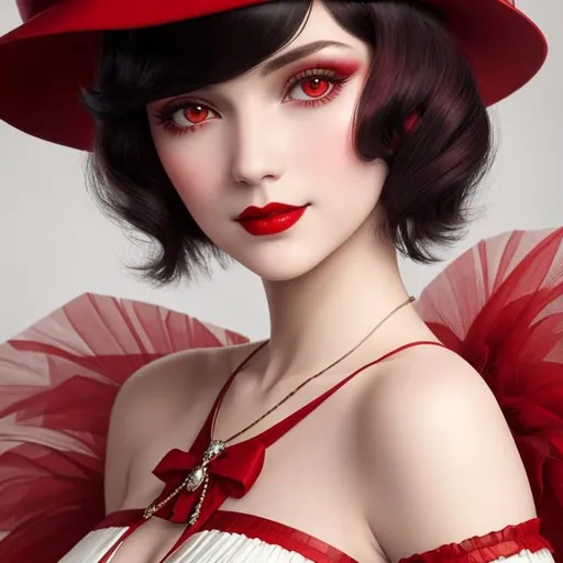 Prompt: a pretty girl  dressed in red, wearing a  large red hat 1920's era, bob hair cut, 1920's era makeup, facial closeup