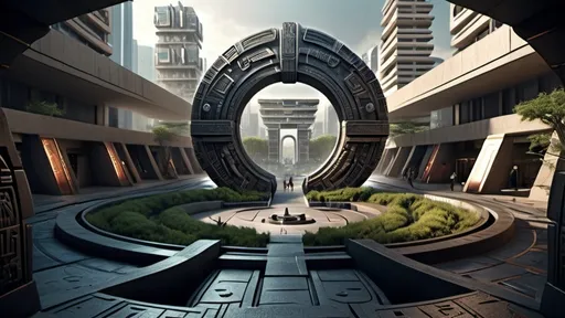 Prompt: magical portal between cities realms worlds kingdoms, circular portal, ring standing on edge, upright ring, freestanding ring, hieroglyphs on ring, complete ring, ancient aztec architecture, zigurat, pylons, gardens, hotels, office buildings, shopping malls, large wide-open city plaza, panoramic view, futuristic cyberpunk tech-noir setting