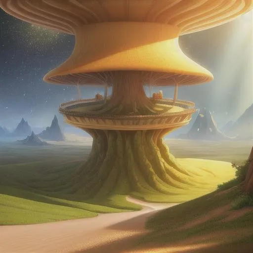 Prompt: Full-body detailed masterpiece, fantasy, high-res, quality upscaled image, perfect composition, 18k composition, 16k, 2D image, cell-shaded, anthropomorphic tree, mushroom kingdom, dune, sand wheal, sci-fi, (tree beard),