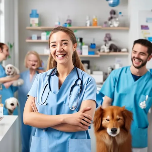 Prompt: a happy funny female 
 veterinarian technician, standing in the middle of a pet clinic with happy pets and owners in the background