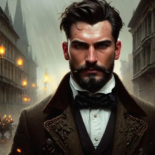Prompt: Splash art portrait of ruggedly handsome, androgynous, dark brown haired man with short hair, light facial stubble, 30 years old, victorian light clothes, elegant, highly detailed, intricate, smooth, sharp focus, artstation, digital painting, concept art, art by greg rutkowski, alphonse mucha and John William Waterhouse, light, romantic, happy, soft, gentle, golden, warm, summer