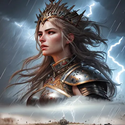 Prompt: A warrior queen on the battlefield, a thunderstorm, lightning, high wind, rain, hyperdetailed features, photorealistic, high quality, trending on artstation, intricately detailed, full length