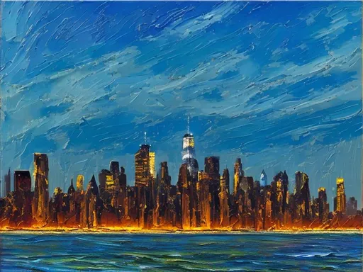 Prompt: Thick oil impasto York Skyline from 42nd Street Pier, thick oil impasto