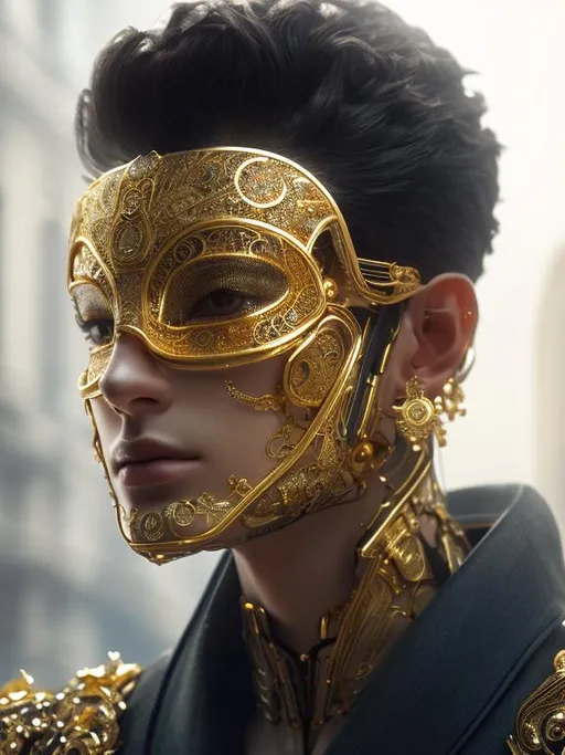 Prompt: Robotic, white skin, male, golden, royal, extremely, detailed environment, intricate, detailed skin, natural colors , professionally color graded, photorealism, 8k, moody lighting.