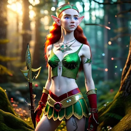 Prompt: Beautifully freckled elf with long red hair and eyebrows : wearing a skimpy, green, two piece short-skirt outfit, encrusted with diamonds and trimmed with gold, a ruby necklace, long brown boots the fit up to her knee, holding a longbow and taking aim, standing amidst an enchanted forest at sunset, 4k, uhd, hyperrealistic , cinematic shading, high quality photo, 3d rendering