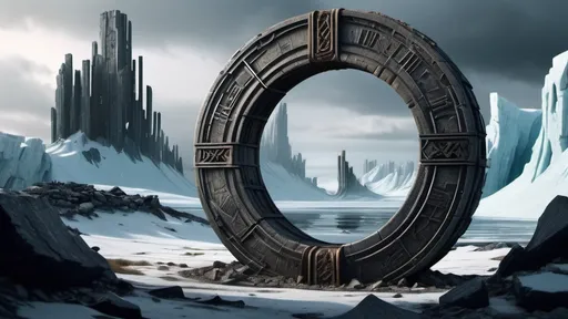 Prompt: magical portal between cities realms worlds kingdoms, circular portal, ring standing on edge, upright ring, freestanding ring, hieroglyphs on ring, broken ring, ruins, crumbling pillars, broken archways, ancient roman architecture, arctic wilderness setting, panoramic view, futuristic cyberpunk tech-noir setting