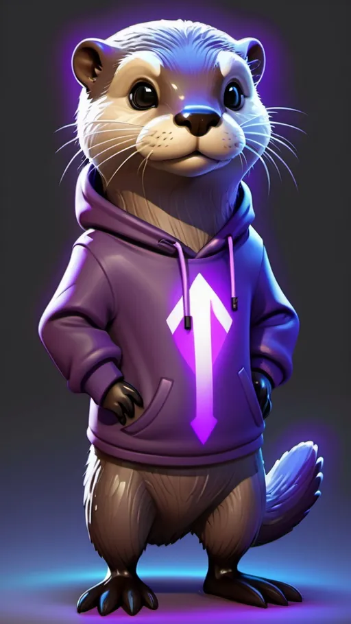 Prompt: Anthropomorphic otter with grey fur, standing character, glowing purple glyphs, hoodie, soft features, calm content emotion, full character, Digi grade legs, tail.