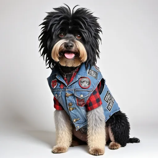 Prompt: Puli dog wearing a heavy metal music denim vest with patches