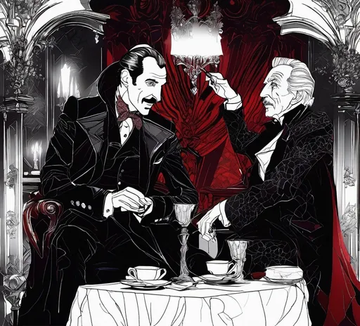 Prompt: (Vincent Price as Van Hellsing conversing with Peter Cushing as Count Dracula), Black and White pen and ink sketch style, dark color scheme, elegantly gothic attire, intricate details, dim lighting, dramatic shadows, opulent background, luxurious textures, ornate furniture, deep reds and blacks, baroque patterns, solemn atmosphere, rich color tones, dark romanticism, ultra-detailed, 4K, photorealistic masterpiece, timeless elegance.