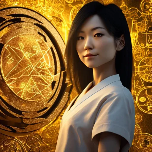 Prompt: CGI, 4K high resolution, modern style, japanese female, smirking, alchemy symbols