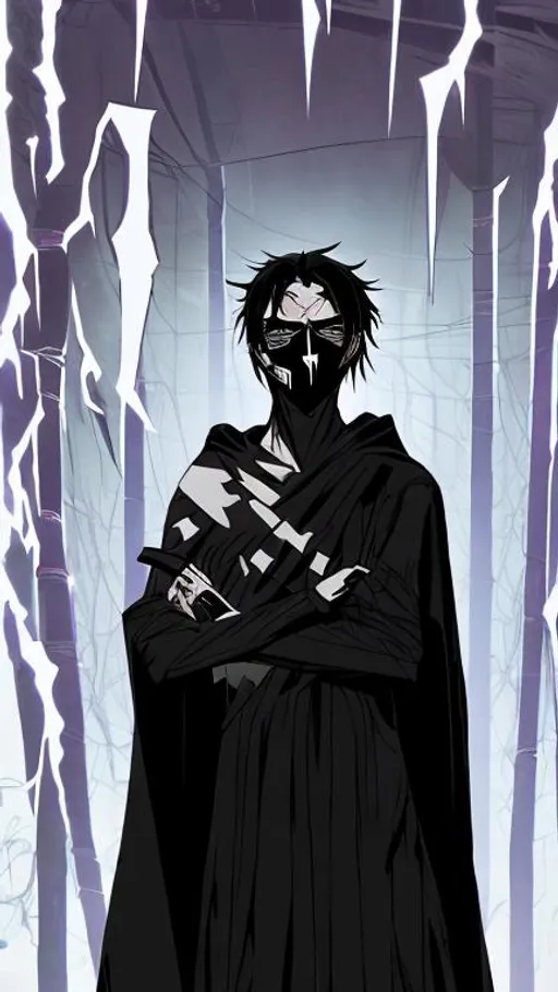Prompt: A very evil tall teenage boy with shaggy black hair, empty white eyes and a mask made of bandages covering the lower half of his face. He is shirtless but wearing an evil looking black robe He is standing very menacingly. He is very strong. Graphic novel style