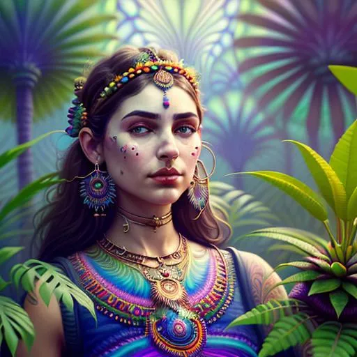 Prompt: Cute woman in an psychedelic world, complex, sacrificed, chakra, goddess, vodoo, plants, highly detailed, realistic, digital painting, smooth, sharp focus, illustration, trending on artstation, art by mandy jurgens and micheal james smith and yaşar vurdem