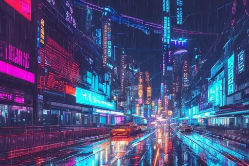 Prompt: cyberpunk city landscape.  Dark, grungy, neon, streets, rainy