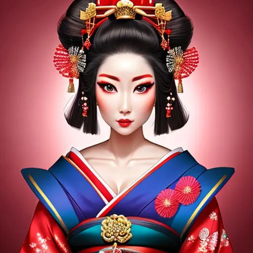 Prompt: In this digital portrait, we see a stunning geisha with a coralpunk twist. The woman's face is perfectly symmetrical, with striking features that catch the viewer's attention. Her eyes are bright and piercing, drawing the viewer in with their intensity. The geisha's full lips are painted in a bright coral shade, standing out against her porcelain skin.

The artist, Natalie Shau, has given the geisha a unique twist by incorporating elements of the coralpunk aesthetic. Her hair is styled in an intricate updo, adorned with tiny coral flowers and punk-inspired spikes. The geisha's traditional garb has also been updated with a modern twist, featuring a mix of traditional fabrics and edgy details such as studs and leather accents.

The portrait is rendered in incredible detail, with every element perfectly captured. The digital format allows for a level of precision that is unparalleled, with even the tiniest of details captured in stunning clarity. The portrait is displayed in a 2:3 aspect ratio, with a vertical orientation that emphasizes the geisha's striking features.

Overall, this portrait is a beautiful and unique take on the traditional geisha, incorporating modern elements to create a truly stunning and eye-catching image.