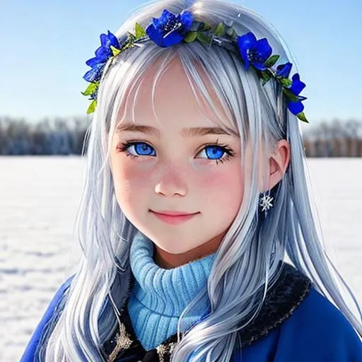 Prompt: young  12 year old girl, covered in frost, bashful hypnotic sapphire blue eyes, calm bashful smile, gorgeous silver hair, blue flowers in her hair