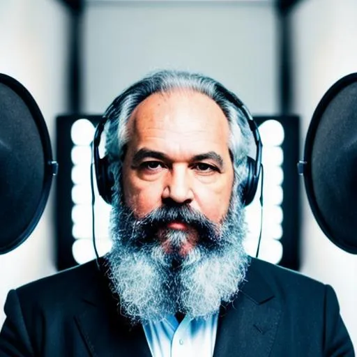 Prompt: photo realistic portrait of Karl Marx on podcast studio centered in frame, facing camera, symmetrical face, ideal human, 85mm lens,f8, photography, ultra details, natural light, light background, photo, Studio lighting, color, modern
