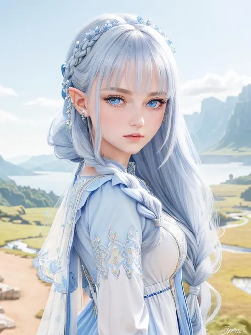 Prompt: 1 girl, queen, highly detailed blue eyes, highly detailed face, innocent looking, regal looking, regal, 8k UHD, young girl, pointy ears, divine, highly detailed blue dress, long sleeved, anime, long dress, fully clothed, fantasy kingdom backdrop, highly detailed back braided silver hair, slight front bangs, scenic view landscape, magical feel, aerial view, idyllic, overhead shot, determination