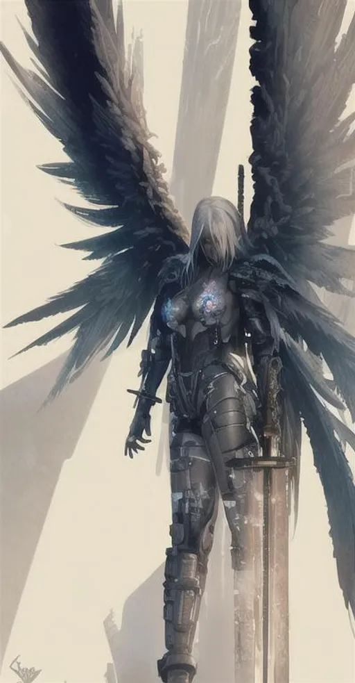 Prompt: Beautiful cyberpunk angel with tattoos, apocalyptic, swords, guns, fire, anatomical, dark, gothic