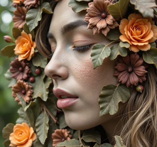 Prompt: Close-up of a woman's face, detailed features, clay flowers woven into her hair, lush green leaves delicately placed across her face and body, inspired by Eva Frankfurther, breathtaking ecological art piece, exquisite texture contrasts, meticulous craftsmanship, HD, set against a soft, muted background that enhances the ethereal and serene ambiance, celebrating nature's beauty and artistry in a stunning marble-like finish.