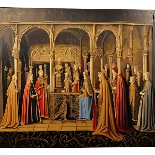 Prompt: Medieval Royal Court scene Oil on Canvas