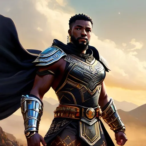 Prompt: {{{{highest quality concept art masterpiece}}}} digital drawing oil painting with {{visibly textured brush strokes}}, 128k UHD HDR, hyperrealistic intricate perfect full body image of a black-skinned, African warrior, hangry, Wakanda in battle stance, wearing an iron tunic with silver filigree details, anklets, and spiked pauldrons wandering in a dark enchanted forest of tall trees and glowing plants on full moon night

