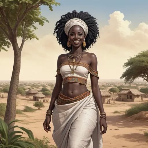 Prompt: Full body, Fantasy illustration of a senegalese woman, 26 years old, amused expression, traditional garment, curly black hair, high quality, rpg-fantasy, detailed, Senegal landscape background