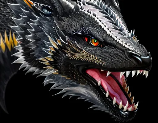 Prompt: portrait of a roaring black dragon with fangs and iridescent black markings and a cute face, perfect composition, watercolor on paper with pencils, hyperrealistic, super detailed, 8k, high quality, trending art, trending on artstation, sharp focus, studio photo, intricate details, highly detailed