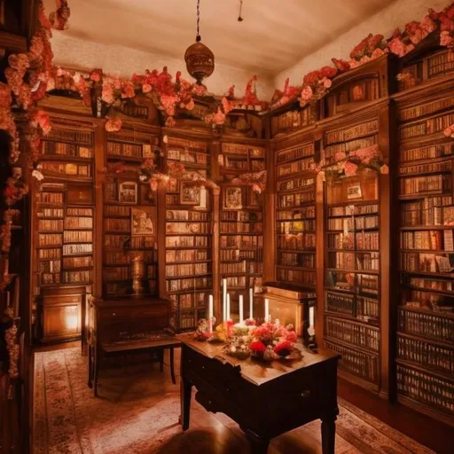 Prompt: A candle lit library with flowers on the walls