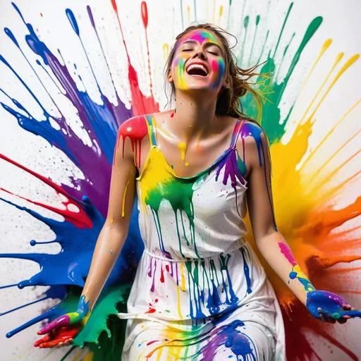 Prompt: photo of young woman, in soaking wet clothes, wet , a woman with paint all over her long white dress, fully covered in colorful paint, viscous rainbow paint, colorful splatters, paint splashes and splatter, woman crying rainbow paint, vibrant powder paints, colorful energetic brush strokes, swirling paint colors, paint splash, splashes of color, splatter paint, full color photograph, vibrantly colorful, paint splatter, ,  , ,   enjoying, wet clothes stuck to body,  detailed textures of the wet clothes, wet face, wet plastered hair,  wet, drenched, professional, high-quality details, full body view , Trash the dress