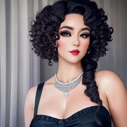 Prompt: An attractive 35 year old woman with very curly hair, elegant, large eyes, modern, stylish makeup