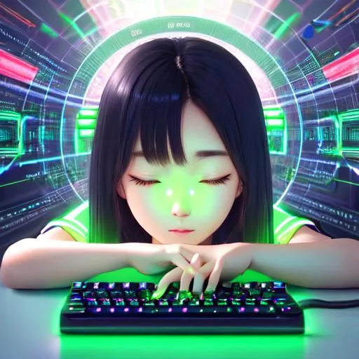 Prompt: Dreamlike style, Korean female touching her keyboard but digital data flowing through her fingertips, eyes glowing green, staring at the screen, but eyes are blank with ones and zeros, computer screen shining with light, bedroom background, dim lighting, concept art, trending on Artstation, Pixiv, 4k, digital painting