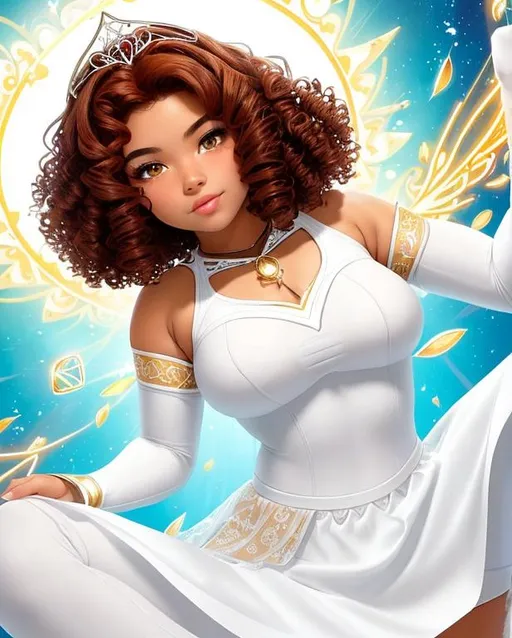 Prompt: A beautiful 14 year old ((Latina)) light elemental with light brown skin and a cute face. She has a curvy body. She has short curly reddish brown hair and reddish brown eyebrows. She wears a beautiful tight white princess outfit with a white skirt. She has brightly glowing yellow eyes and white pupils. She wears a small golden tiara. She has a yellow aura around her. She is using light magic in battle against a entire army in a open field. Epic battle scene art. Full body art. {{{{high quality art}}}} ((goddess)). Illustration. Concept art. Symmetrical face. Digital. Perfectly drawn. A cool background.