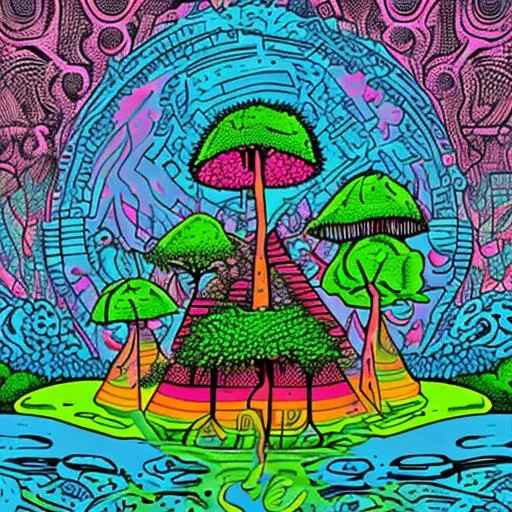 Prompt: atomic cooling tower closed by lid, lid closed with lock, on top of the lid trees, comic style, bright colors, lsd, magic mushrooms