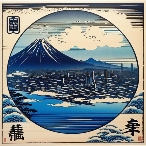 Prompt: with edge as letter stamp , Distant future cityscape, woodblock print by Hokusai