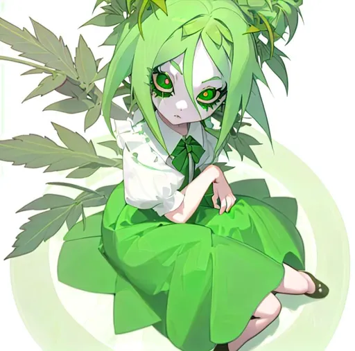 Prompt: a little girl sits on her knees, in a green dress that depicts marijuana, green hair, blue pupils, red sclera, marijuana in her hands, a green bow on her head, sits on the grass