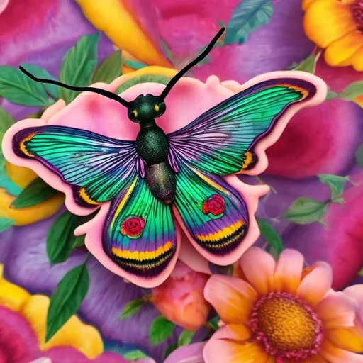 Prompt: Rose myrtle moth diorama in the style of Lisa frank