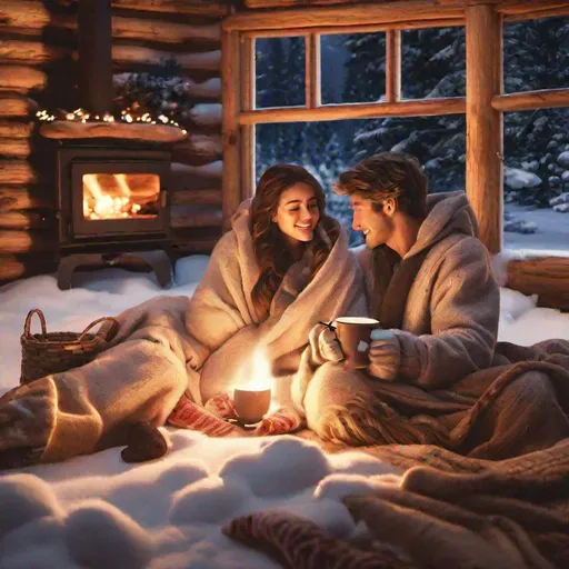 Prompt: there's nothing in this world that can express how much i love you, glow, love, hearts, boy and girl couple inside a log cabin snuggled up together in front of a log fire trying to keep warm, wrapped in blankets with hot coco besides them, white, silvery snow outside 