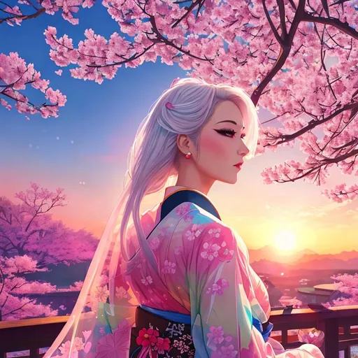 Prompt: nsfw,draw me a beautiful girl wearing a multicolored transparent kimono, looking off at the sunrise. retrowave aesthetic, white hair, colorful, sakura tree, high resolution background,