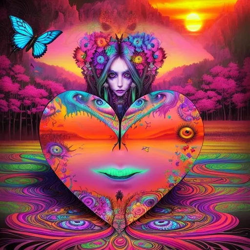 Prompt: psychedelic, twisted, cinematic, 3D, HD, {Female}Hippie with , long flowing hair, Beautiful big reflective eyes, flowers, butterflies, birds, expansive psychedelic background, sunset, freeform colorful ink chaos, hyper realistic, 64K --s98500