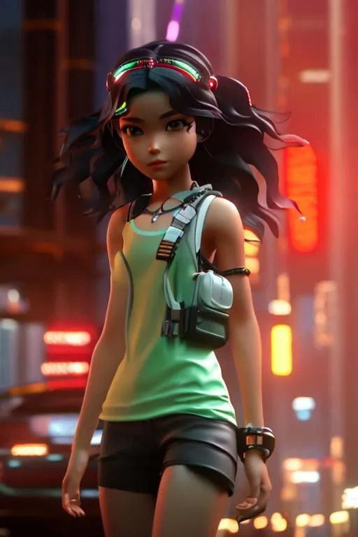 Prompt: Sense:cyberpunk style , visibly full body, An incredibly beautiful girl in her late 20's. summer clothes. perfect anatomy, symmetrically perfect face. perfect clear eyes. beautiful little red shorts with black streaks wavy hair, beach background. no extra limbs or hands or fingers or legs or arms.