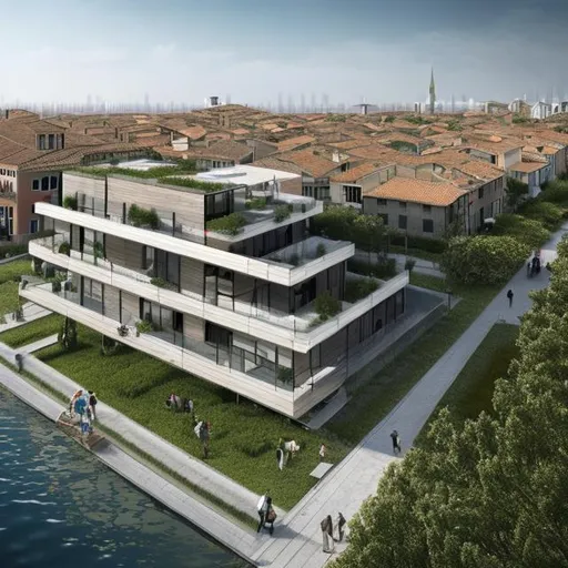 Prompt: A complete body form of a stunningly beautiful, hyper realistic sustainable with gardens city building in Chioggia