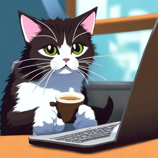 Prompt: anime cat drinking coffee looking tired on the computer