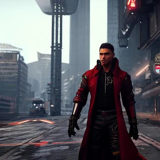 Prompt: Male Shadowrunner with red hair and tattoo's on face and neck trench code monofilament sword cyberpunk cityscape Ultrareal unreal engine 5