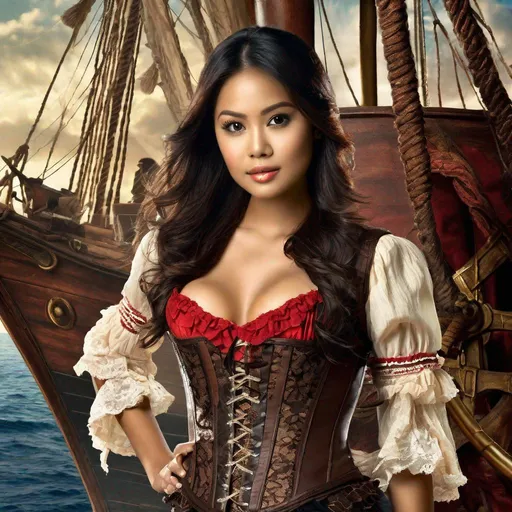 Prompt: RAW photo, full body, pretty young Indonesian woman, 25 year old, (round face, high cheekbones, almond-shaped brown eyes, small delicate nose), (pirate costume, red bustier corset, lace jacket, thighs uncovered), active pose, (backdrop pirate ships), masterpiece, intricate detail, hyper-realistic, photorealism, hyper detailed texturing, high resolution, best quality, UHD, HDR, 8K, award-winning photograph, octane render