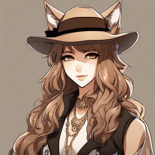Prompt:  small-framed glamrock wolf human, with deep-set light brown eyes. They identify as female, and have a monotonous voice. As an accessory, they have a hat, and they can be seen wearing ribbons. Anime style. 