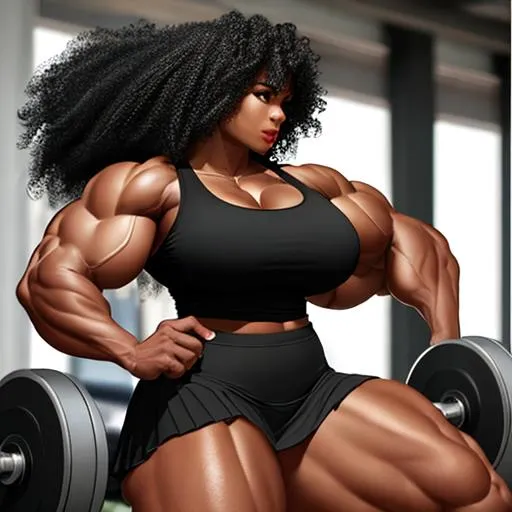 Prompt: {{curly black hair, dark skin}}
{{woman, enormous muscles, giant muscles, muscular woman, hulking, flexing, biceps, full body}}
{{tank top, pleated skirt}}
perfect face, perfect body, photorealistic, hyperrealistic, photograph, 22mm lens, 4k, hard lighting
