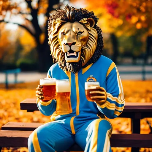 Prompt: smiling lion sipping from a pint of beer wearing a gold and blue track suit relaxing at a picnic table in a park with fall foliage